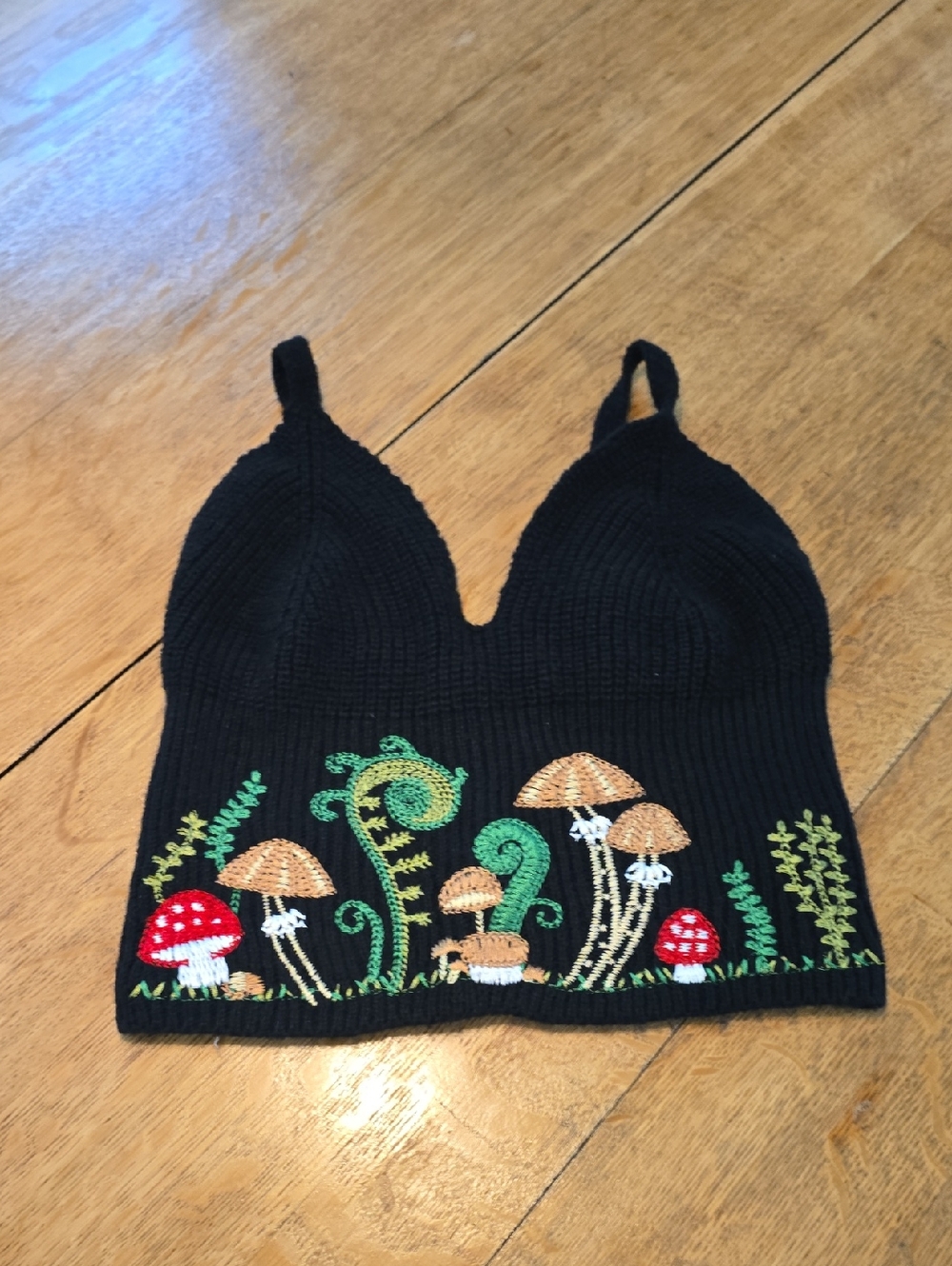 BUNDLE 3/$16. Black Embroidered Mushroom Crop Top - Women's Knit Bralette